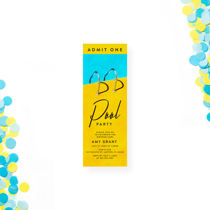 pool party birthday ticket invitation with pool ladder design in blue and yellow for a summer swim celebration