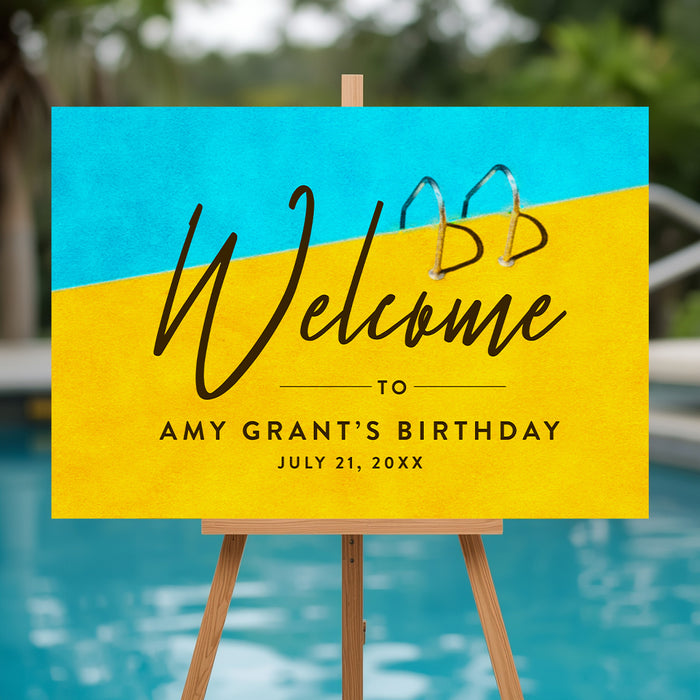 pool party welcome sign with blue pool water and yellow pool deck design for a summer birthday celebration