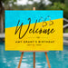 pool party welcome sign with blue pool water and yellow pool deck design for a summer birthday celebration