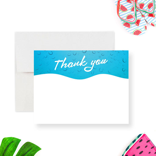 Personalized pool party thank you card for kids featuring colorful swimming-themed design
