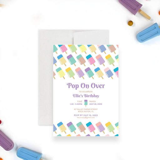 Popsicle-themed birthday invitation featuring "Pop On Over" text and a pastel ice pop illustration-front