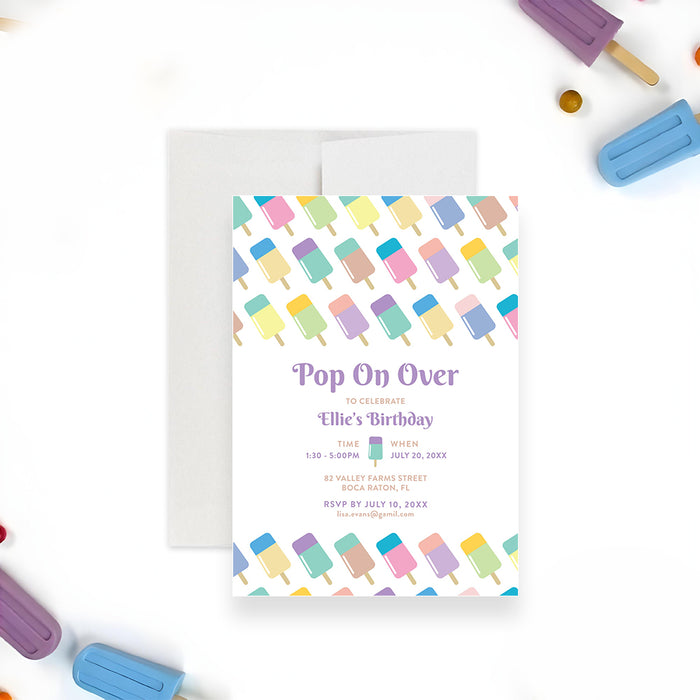 Popsicle-themed birthday invitation featuring "Pop On Over" text and a pastel ice pop illustration-front
