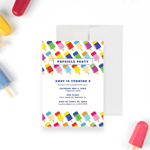 Colorful popsicle-themed birthday invitation featuring an ice pop theme for kids’ summer parties-front
