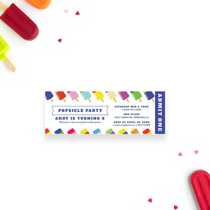 Popsicle party ticket invitation with a colorful ice pops design, printed with 'Admit One' for kids' summer birthday