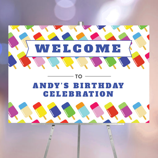 Popsicle welcome sign with a colorful ice pop design for a kids' birthday party