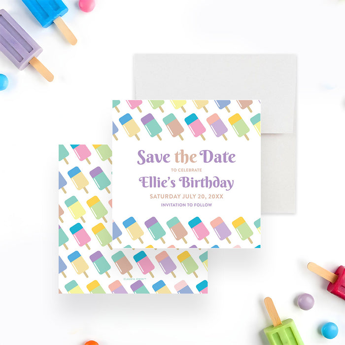 Popsicle-themed save-the-date card with a pastel ice pop design, personalized summer birthday pre-invitation for kids-front-back