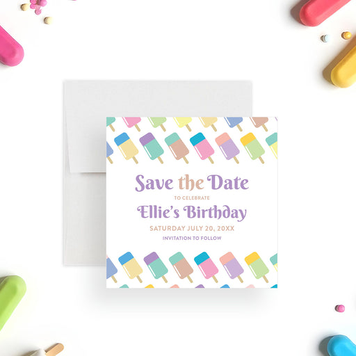 Popsicle-themed save-the-date card with a pastel ice pop design, personalized summer birthday pre-invitation for kids-front