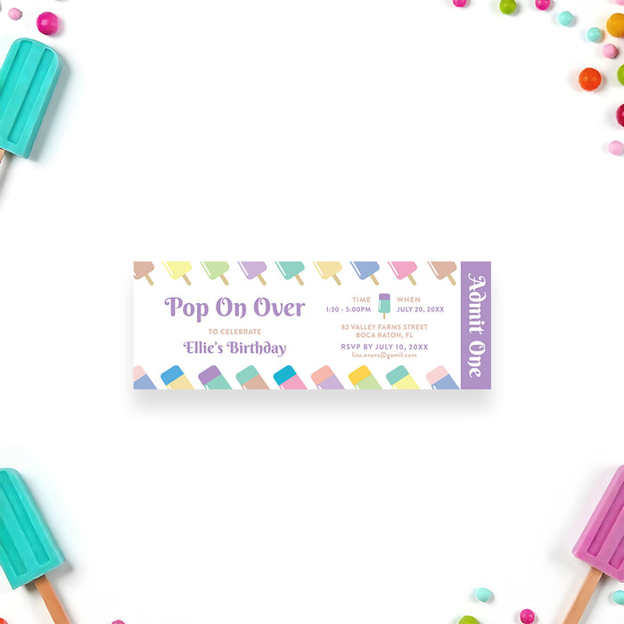 Pastel popsicle ticket invitation with an 'Admit One' design for a kids' summer birthday party