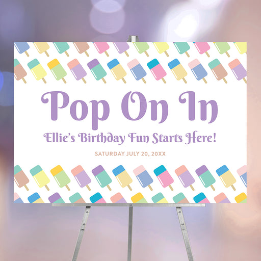 Popsicle birthday welcome sign with a pastel ice pop design for a kids' party