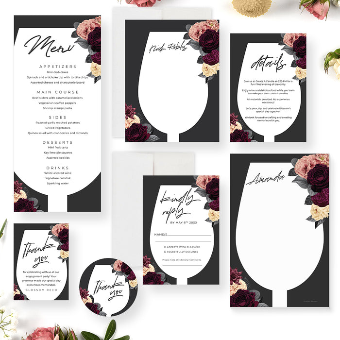 Wine Birthday Party Invitations, Floral Pour and Sip Invites, Wine Tasting Party, Winery Party Invites with Flowers, Elegant Wine Bachelorette