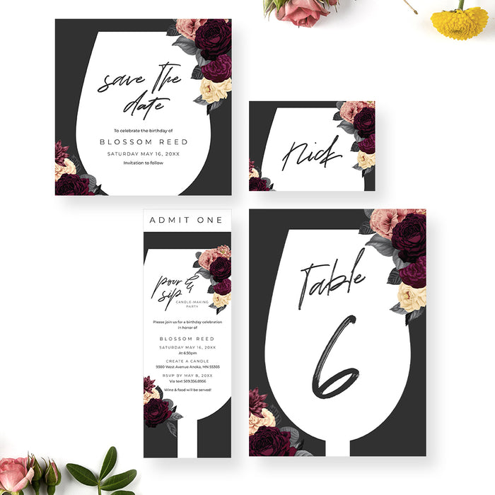 Wine Birthday Party Invitations, Floral Pour and Sip Invites, Wine Tasting Party, Winery Party Invites with Flowers, Elegant Wine Bachelorette