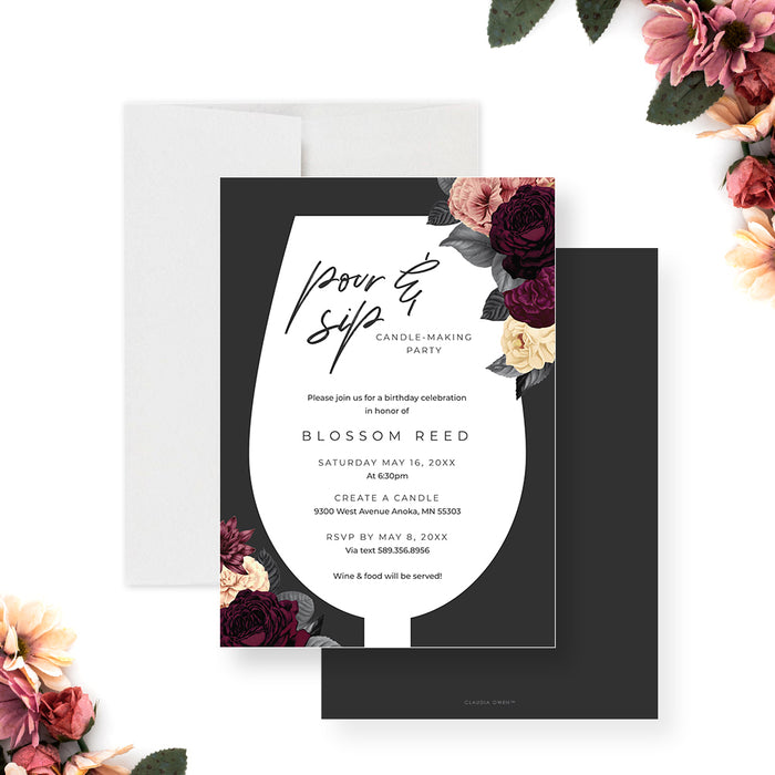 Pour and sip candle-making birthday party invitation with a wine glass-shaped frame, burgundy, blush and ivory flowers, and personalized details-front-back