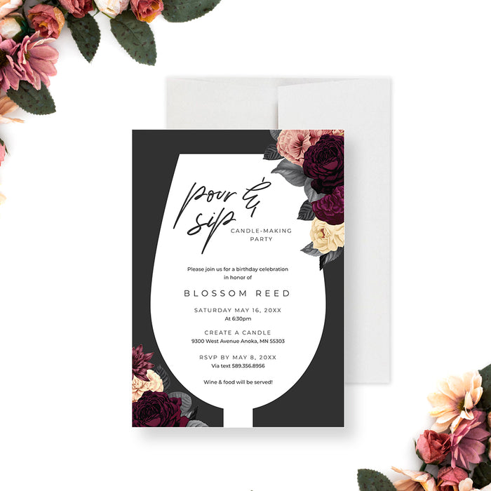 Pour and sip candle-making birthday party invitation with a wine glass-shaped frame, burgundy, blush and ivory flowers, and personalized details-front