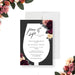 Pour and sip candle-making birthday party invitation with a wine glass-shaped frame, burgundy, blush and ivory flowers, and personalized details-front