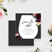 Pour and sip candle-making party save the date card with a wine glass-shaped frame, burgundy and blush flowers, name and event date-front-back
