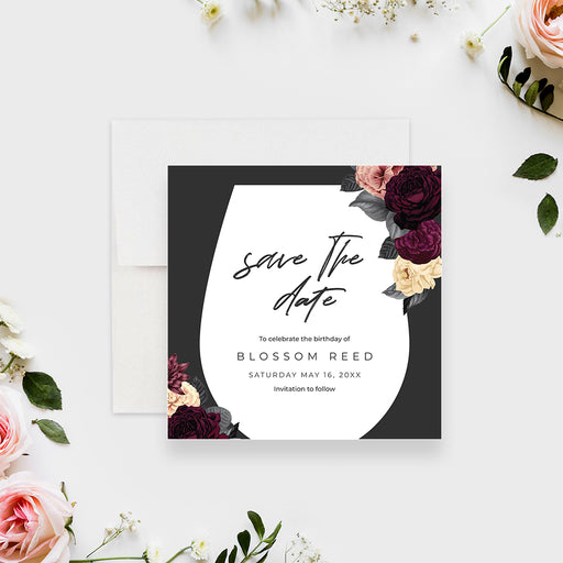 Pour and sip candle-making party save the date card with a wine glass-shaped frame, burgundy and blush flowers, name and event date-front