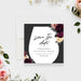Pour and sip candle-making party save the date card with a wine glass-shaped frame, burgundy and blush flowers, name and event date-front