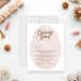 personalized coming soon baby announcement card featuring a neutral cracked egg illustration with custom pregnancy announcement wording-front