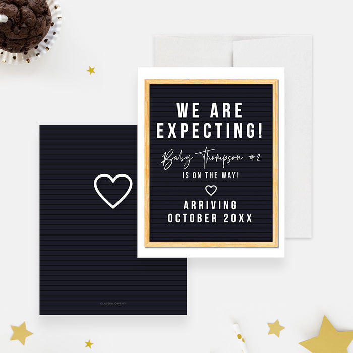 Letter board pregnancy announcement card with we are expecting message and baby arrival date-front-back