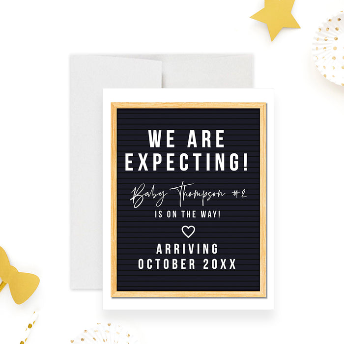Letter board pregnancy announcement card with we are expecting message and baby arrival date-front