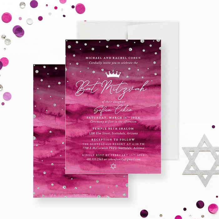 Princess Bat Mitzvah invitation featuring a crown, diamond, and Star of David design — an elegant invite for a Jewish coming-of-age celebration.-front-back