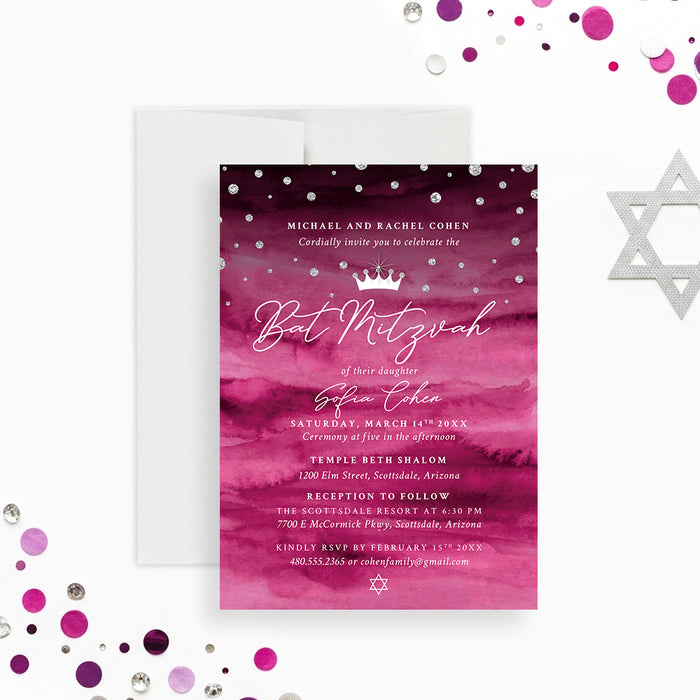 Princess Bat Mitzvah invitation featuring a crown, diamond, and Star of David design — an elegant invite for a Jewish coming-of-age celebration.-front