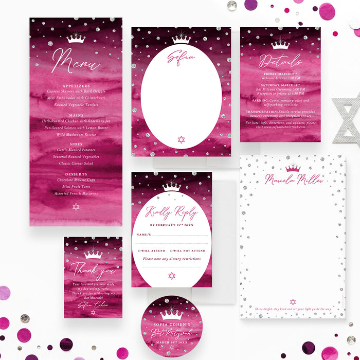 Princess Bat Mitzvah Invitation Pink Crown Diamond Design