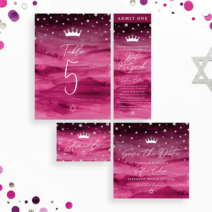 Princess Bat Mitzvah Invitation Pink Crown Diamond Design
