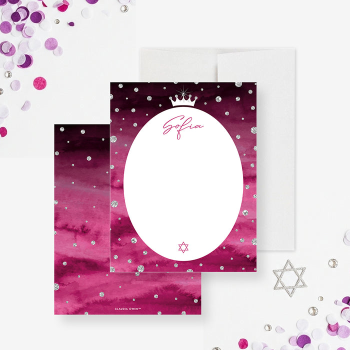 Bat Mitzvah note card featuring a pink watercolor background, crown, diamond, and Star of David design.-front-back
