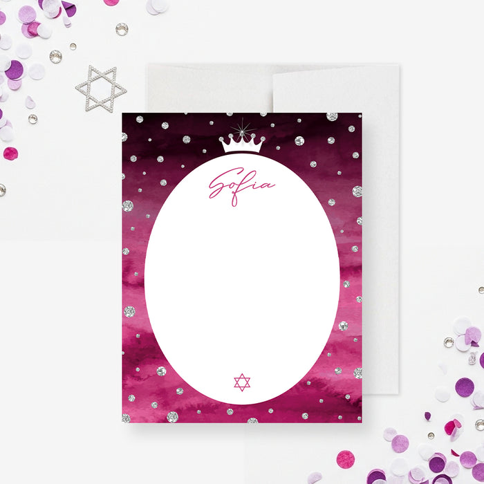 Princess Bat Mitzvah Invitation Pink Crown Diamond Design