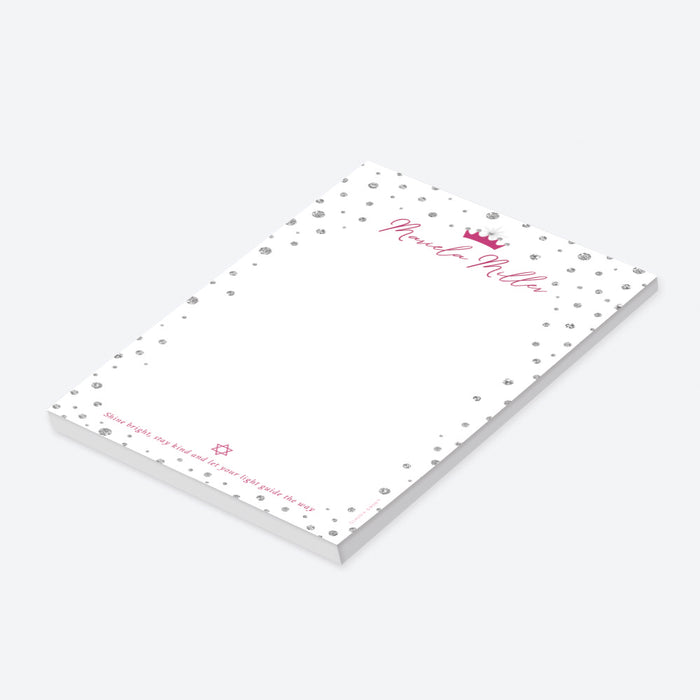 Bat Mitzvah notepad with a pink crown, Star of David, and scattered diamond pattern, a stylish stationery gift for girls.-side