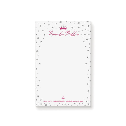 Bat Mitzvah notepad with a pink crown, Star of David, and scattered diamond pattern, a stylish stationery gift for girls.