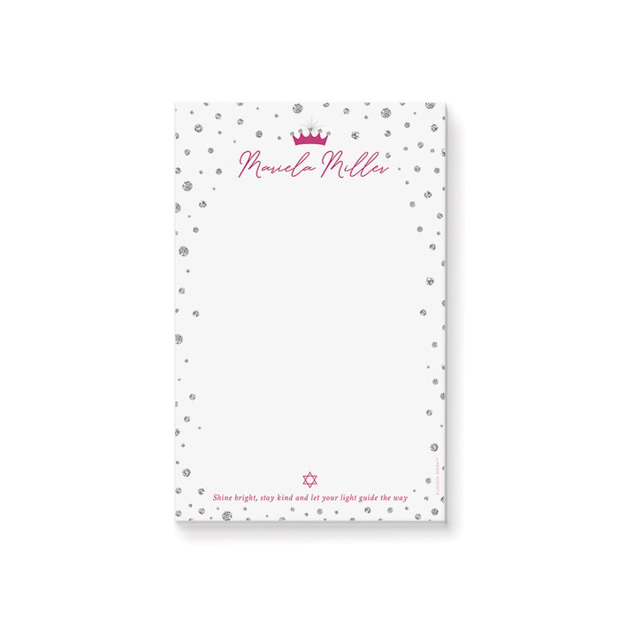 Bat Mitzvah notepad with a pink crown, Star of David, and scattered diamond pattern, a stylish stationery gift for girls.