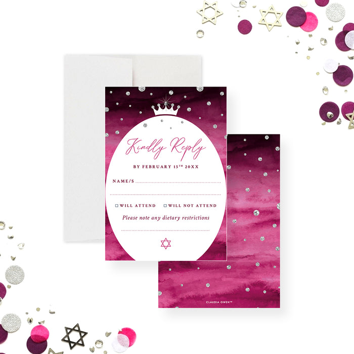 Princess Bat Mitzvah Invitation Pink Crown Diamond Design