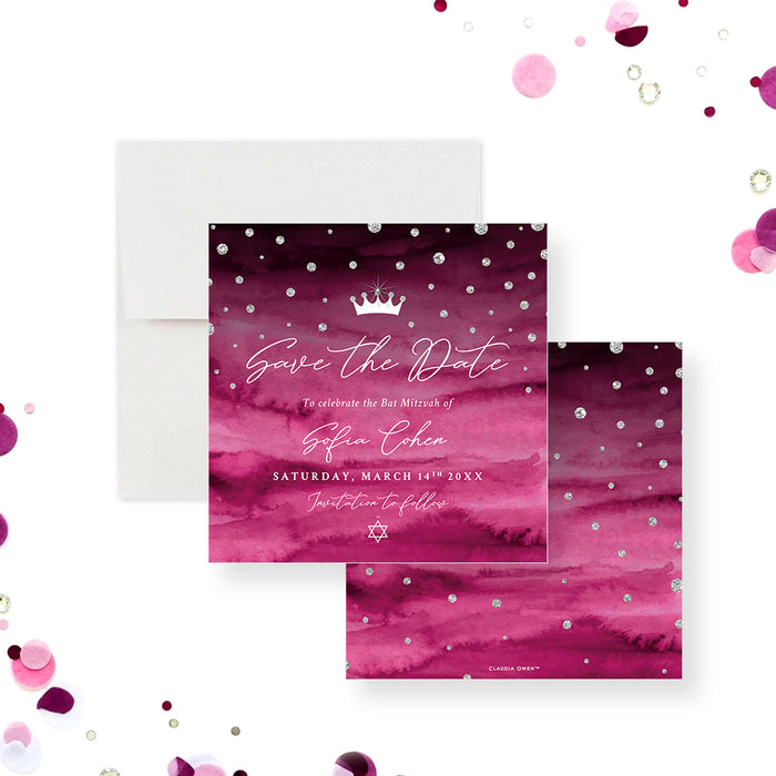 Bat Mitzvah save the date card in pink watercolor with crown, diamond, and Star of David design for elegant Jewish celebrations.-front-back