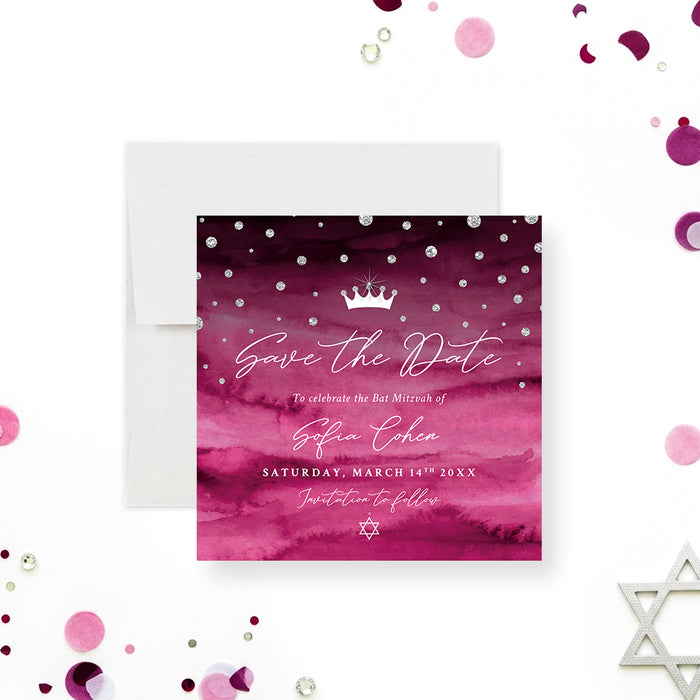 Princess Bat Mitzvah Invitation Pink Crown Diamond Design