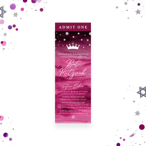 Bat Mitzvah ticket invitation with a pink watercolor background, crown, diamonds, and Star of David — ideal for elegant Jewish celebrations.