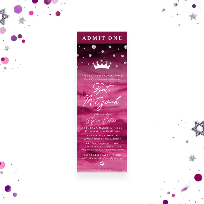 Bat Mitzvah ticket invitation with a pink watercolor background, crown, diamonds, and Star of David — ideal for elegant Jewish celebrations.