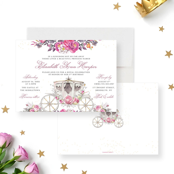 Princess birthday invitation featuring a pink floral design and a royal carriage illustration for a fairytale princess-themed birthday party.-front-back
