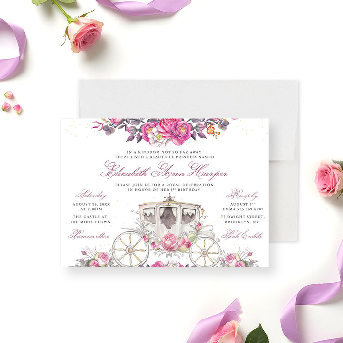 Princess birthday invitation featuring a pink floral design and a royal carriage illustration for a fairytale princess-themed birthday party.-front
