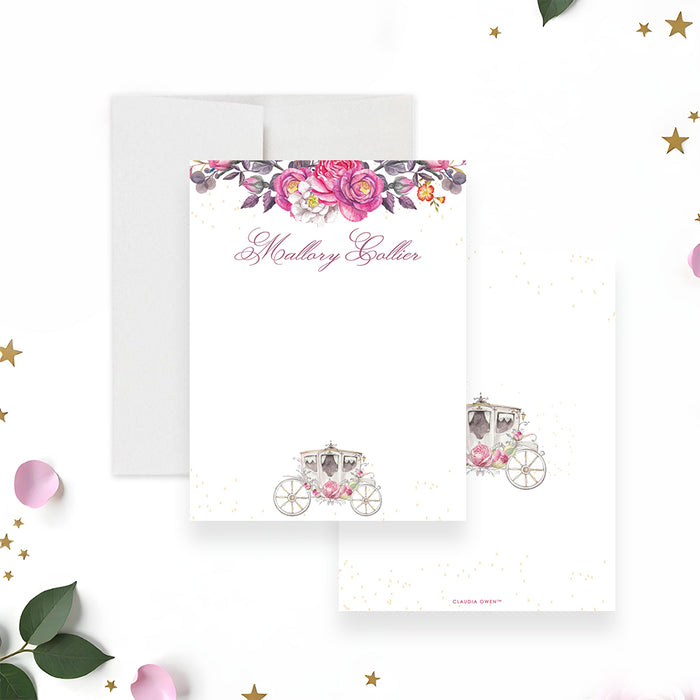 Princess personalized note card with pink floral design and royal carriage illustration for girls' princess-themed party thank you notes.-front-back