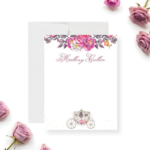 Princess personalized note card with pink floral design and royal carriage illustration for girls' princess-themed party thank you notes.-front
