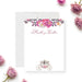 Princess personalized note card with pink floral design and royal carriage illustration for girls' princess-themed party thank you notes.-front