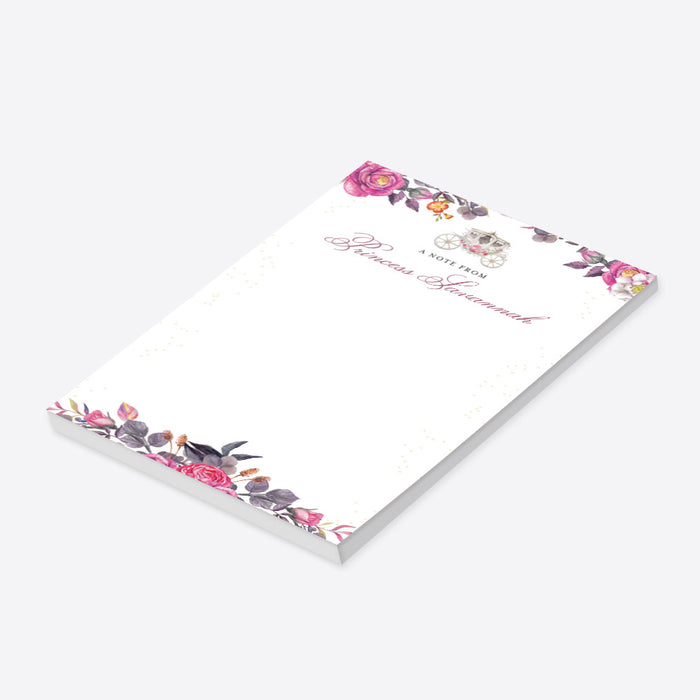 Personalized notepad featuring a pink floral design and a royal carriage illustration for girls' princess-themed birthday parties.-side