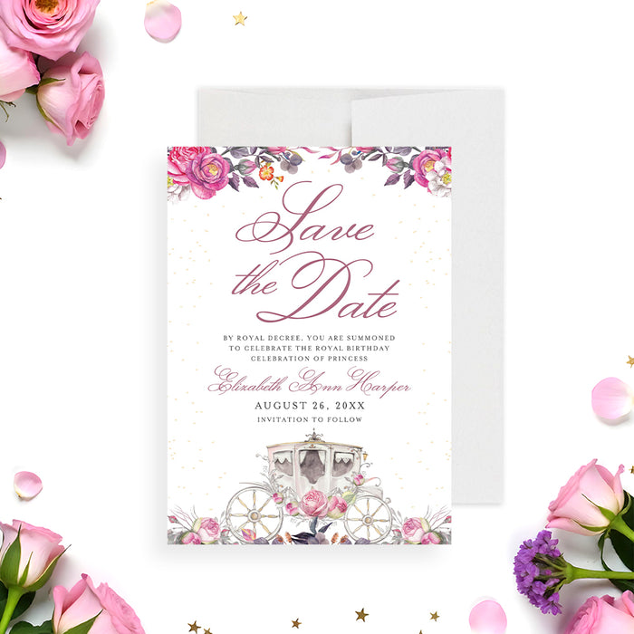 Princess save the date card with a pink floral design and a royal carriage illustration for a fairy-tale princess birthday celebration.-front