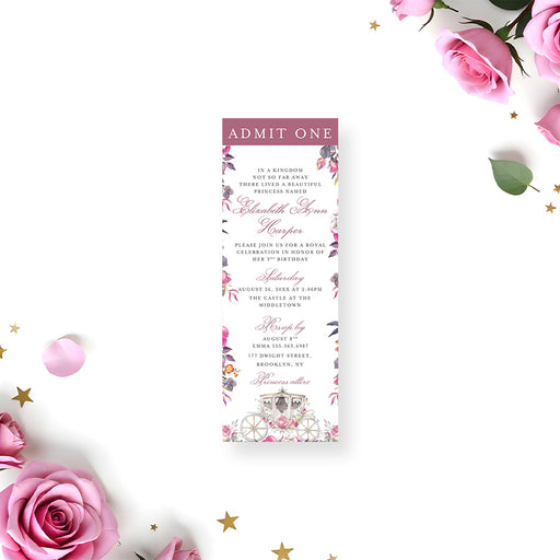 Princess ticket invitation with pink floral design and royal carriage illustration, styled as an admit-one ticket for a girl's birthday party.