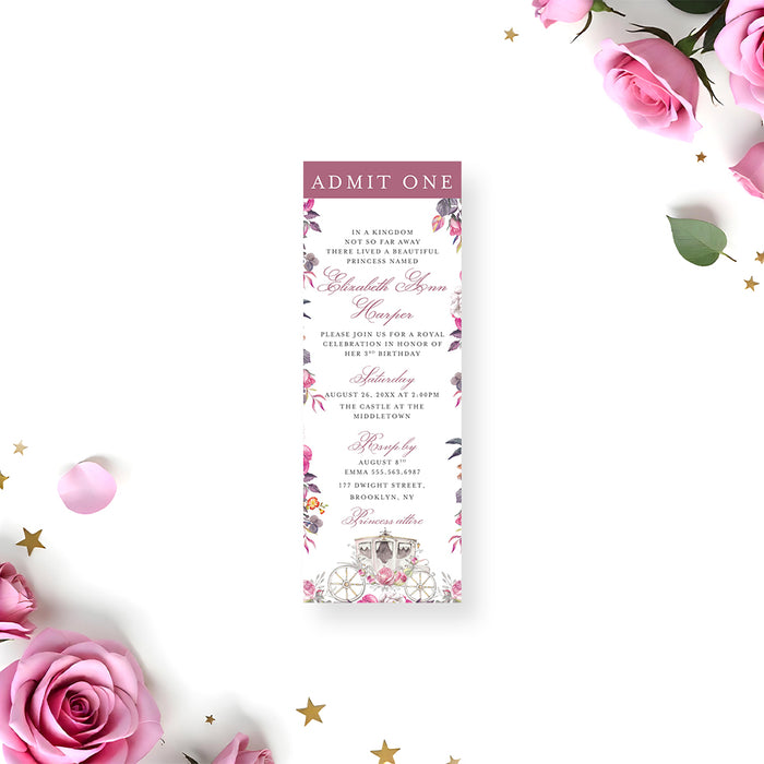 Princess ticket invitation with pink floral design and royal carriage illustration, styled as an admit-one ticket for a girl's birthday party.