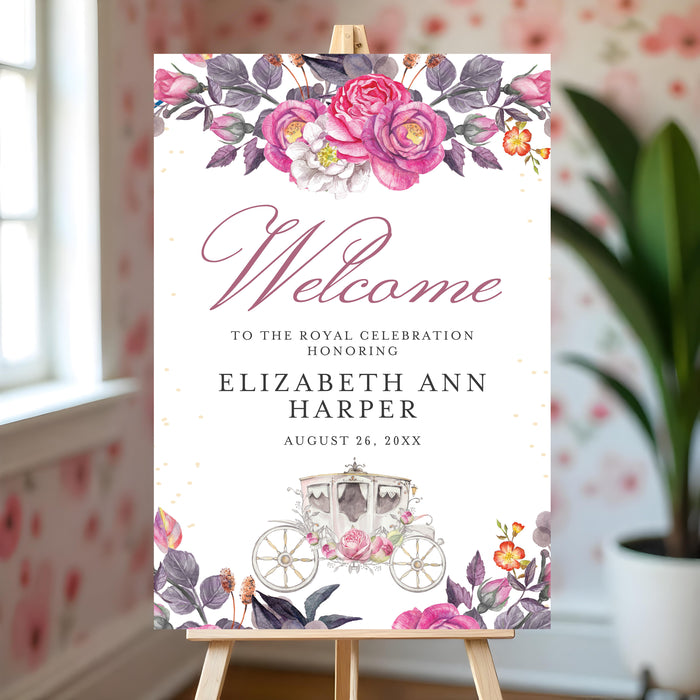 Princess birthday welcome sign with floral fairytale carriage design for a royal princess party celebration.