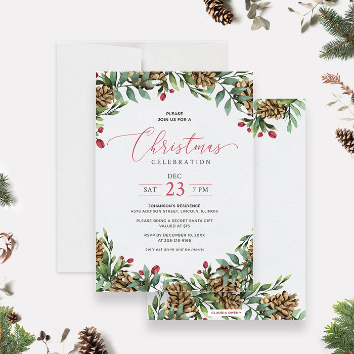 Rustic Christmas party invitation featuring watercolor pinecones, red berries, and greenery on a white background with elegant red calligraphy text.