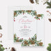 Rustic Christmas party invitation featuring watercolor pinecones, red berries, and greenery on a white background with elegant red calligraphy text.